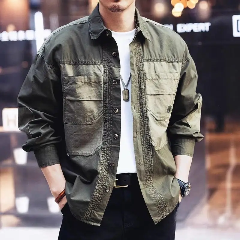 الرجال ربيع الخريف جديد عصري المرقعة البضائع طويلة الأكمام قميص فضفاض وسيم بلايز عادية #2