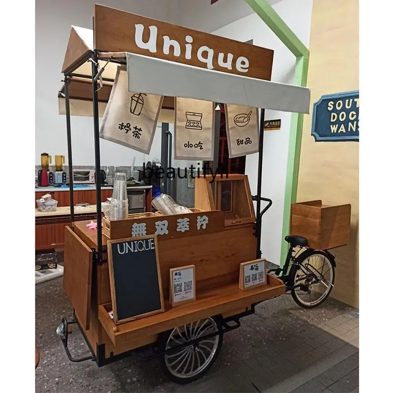

American Retro Solid Wood Mobile Reverse-riding Three-wheel Food Cart Promotion Stall Night Market Mobile Cart