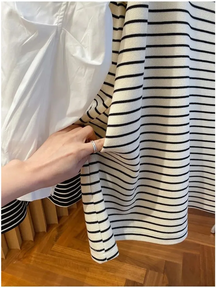Spring Autumn Women Shirt Design Oversized Large Size Fashion Casual Fake Two-piece Striped Sweatshirt Spliced Shirt for Women