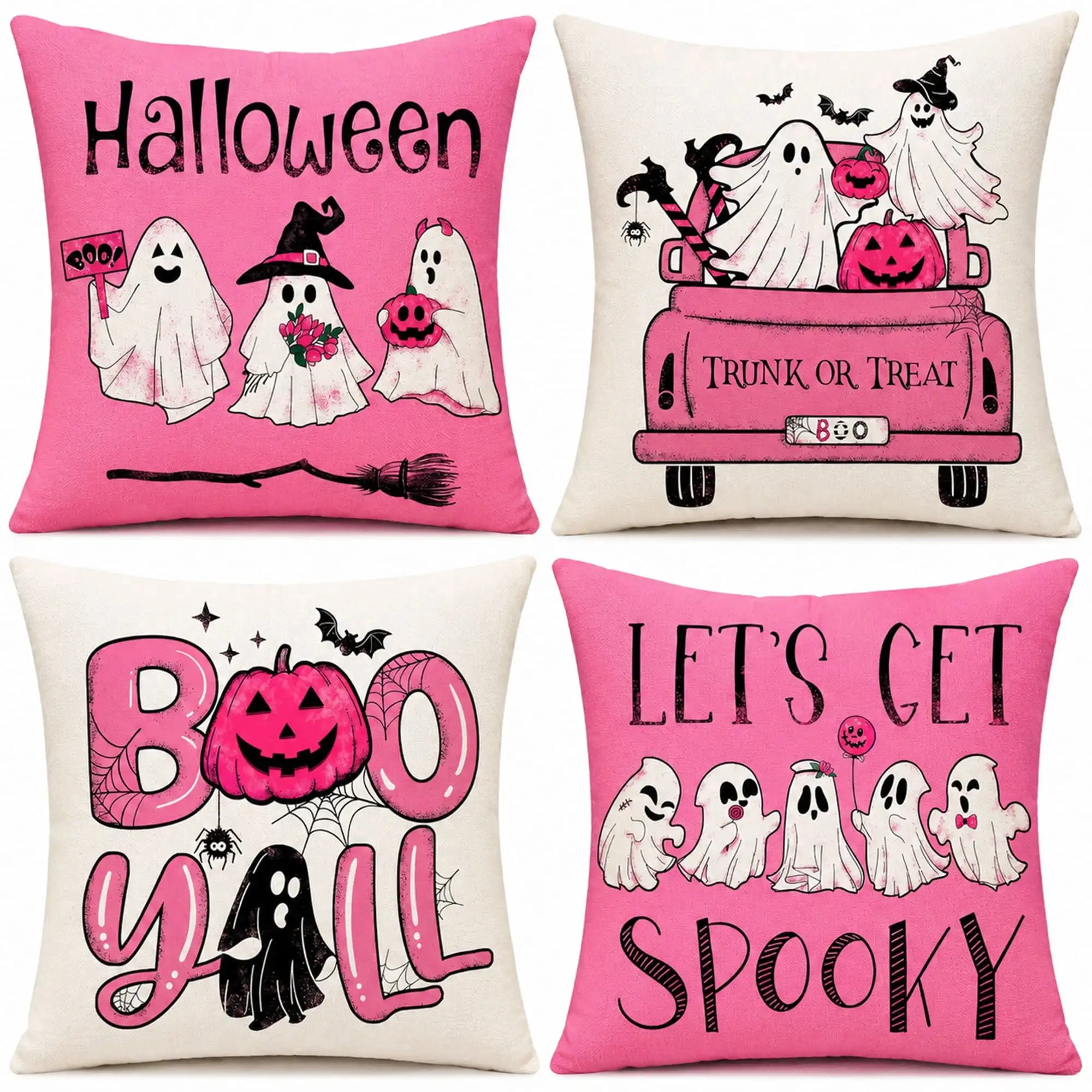 4 Pack Pink Halloween Pillow Covers 18x18, Cute Ghost Pumpkin Throw Pillow Covers for Couch Sofa, Faux Linen Halloween Decor