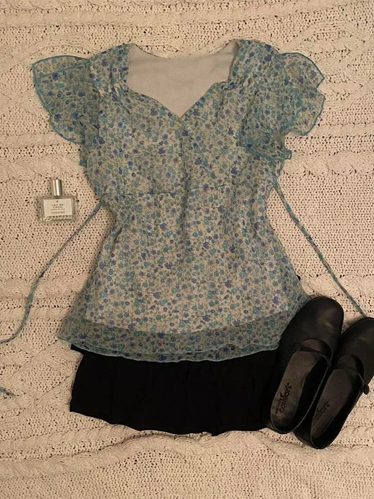 

Original Blue Floral Print irt Slim Fit Vintage Sle Waist-Cinching Slimming Top Summer Collection Women's Faion