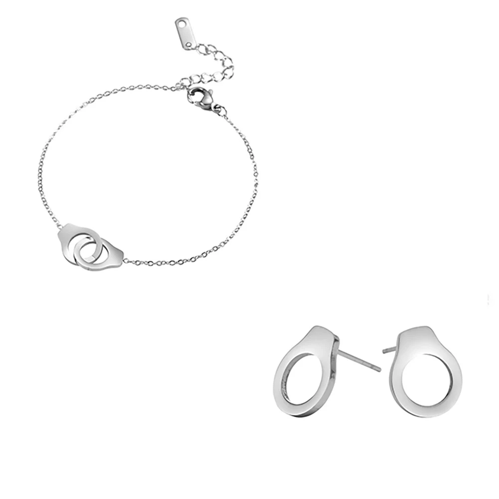 1Pc Stainless Steel Handcuffs Chain Bracelet Freedom Couple Lock Bracelets +1Pair Handcuff Ear stud for Valentine\'s Day Gift Set