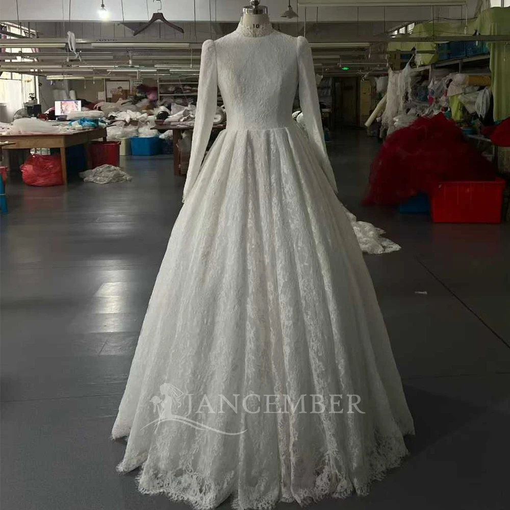 Robe De mariée De luxe personnalisée, robe De mariée princesse, col haut, manches longues, en dentelle