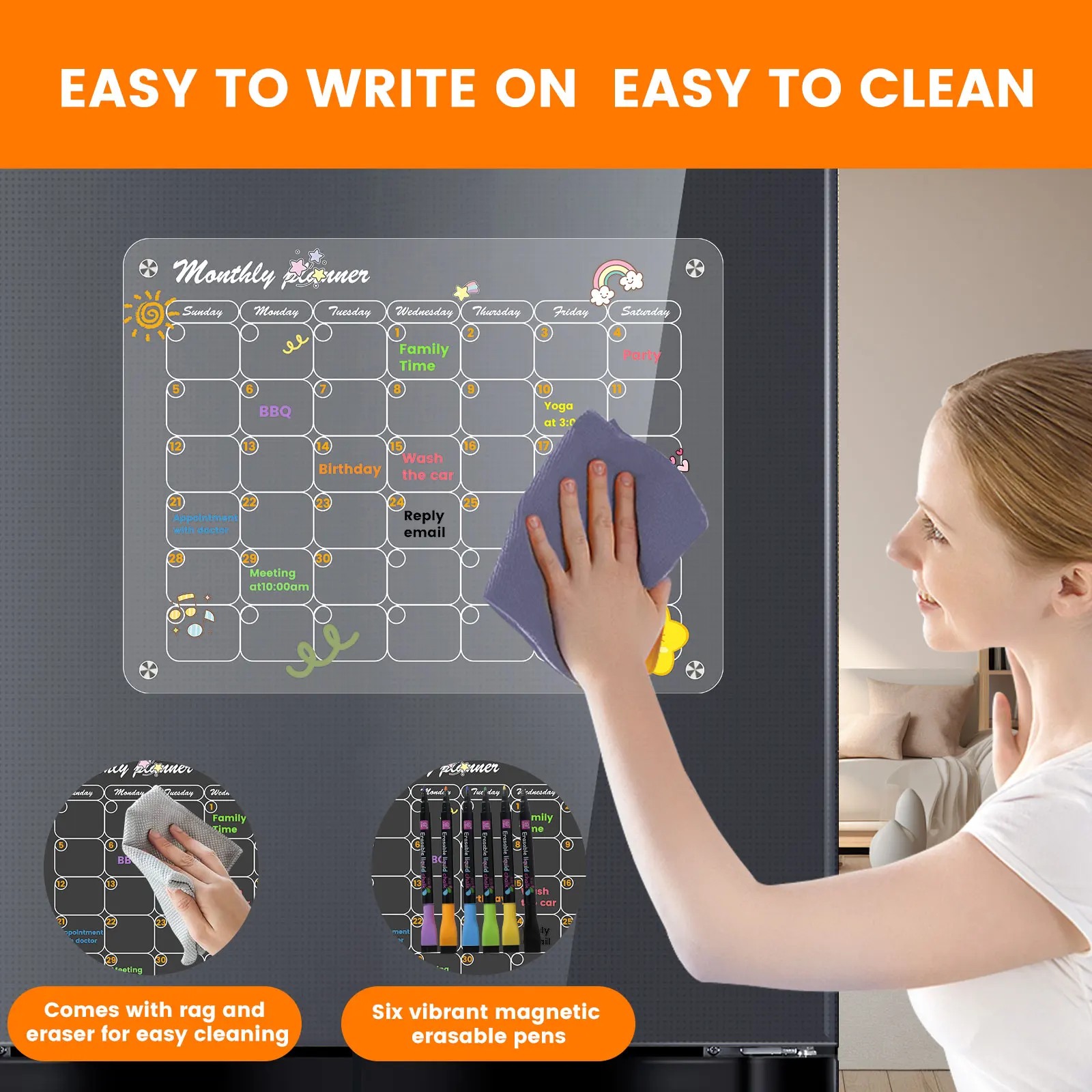 3Pcs Magnetic Fridge Calendar Transparent Acrylic Magnetic Planning Board Reusable Monthly Weekly Calendar Dry Erase Board