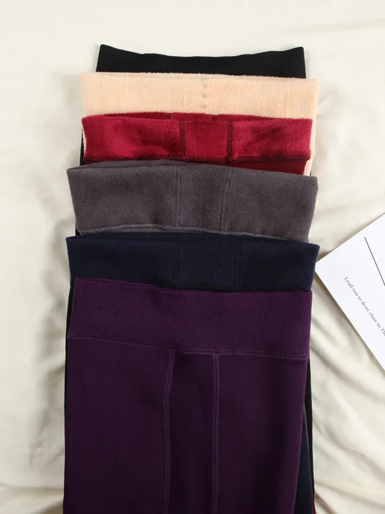 Leggings cálidos de invierno para mujer, mallas elásticas ajustadas de cintura alta ajustadas de terciopelo de Color sólido