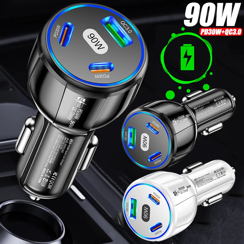 

90W QC3.0 Type C USB Car Charger 3-in-1 Fast Charging Cigarette Lighter for Huawei Xiaomi Samsung Car Phone Charger Adapter