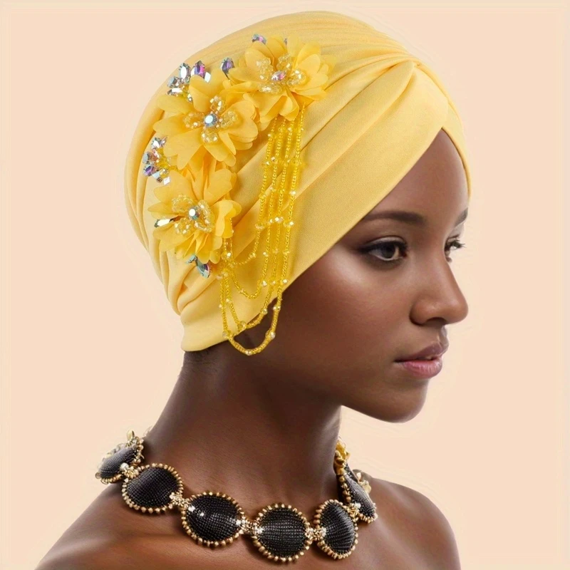Elegant Floral Tassel Turban Cap for Women Breathable Stretchy Beanie Hat Perfect for Ramadan & Chemotherapy Patients