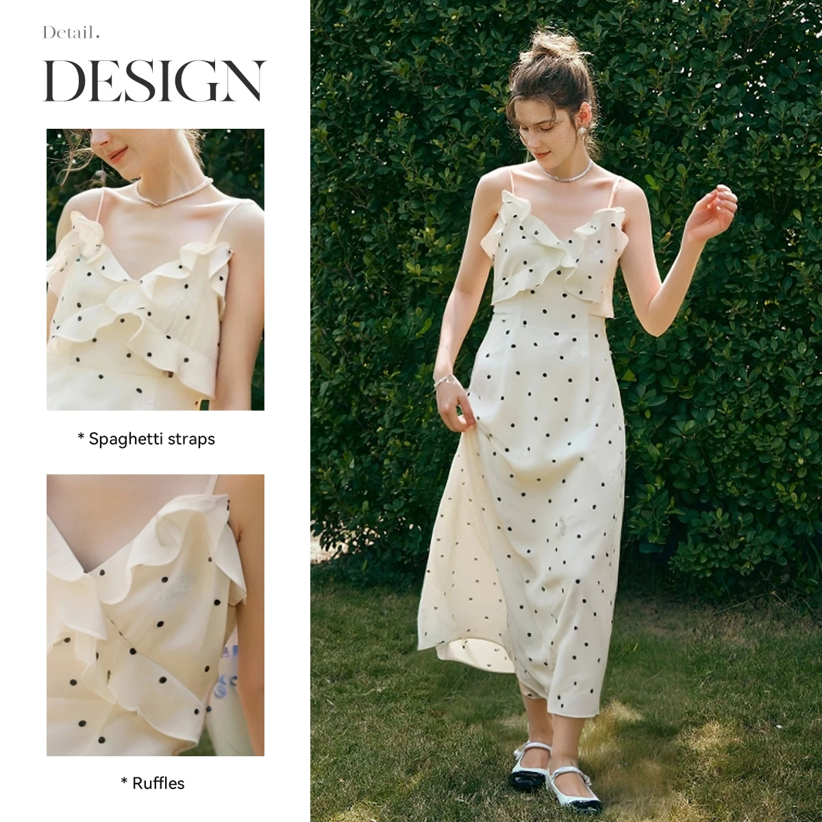 OLrain Vacanza Estiva Vacanza Volant Camis Dress Ladies Elegante Polka Dot Stampa Abiti Lunghi 2025 Vestiti Donna O57XL89198