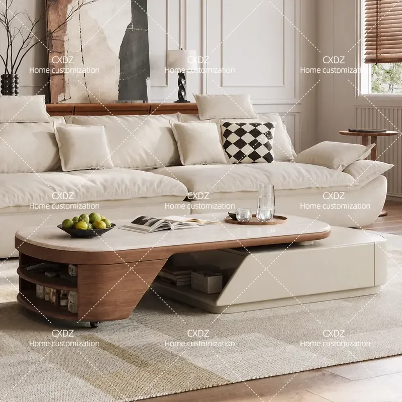 Rock Slab Coffee Table with Wheels Telescopic Antique Tea Table Living Room Home Retro Advanced Multi-functional Rectangle