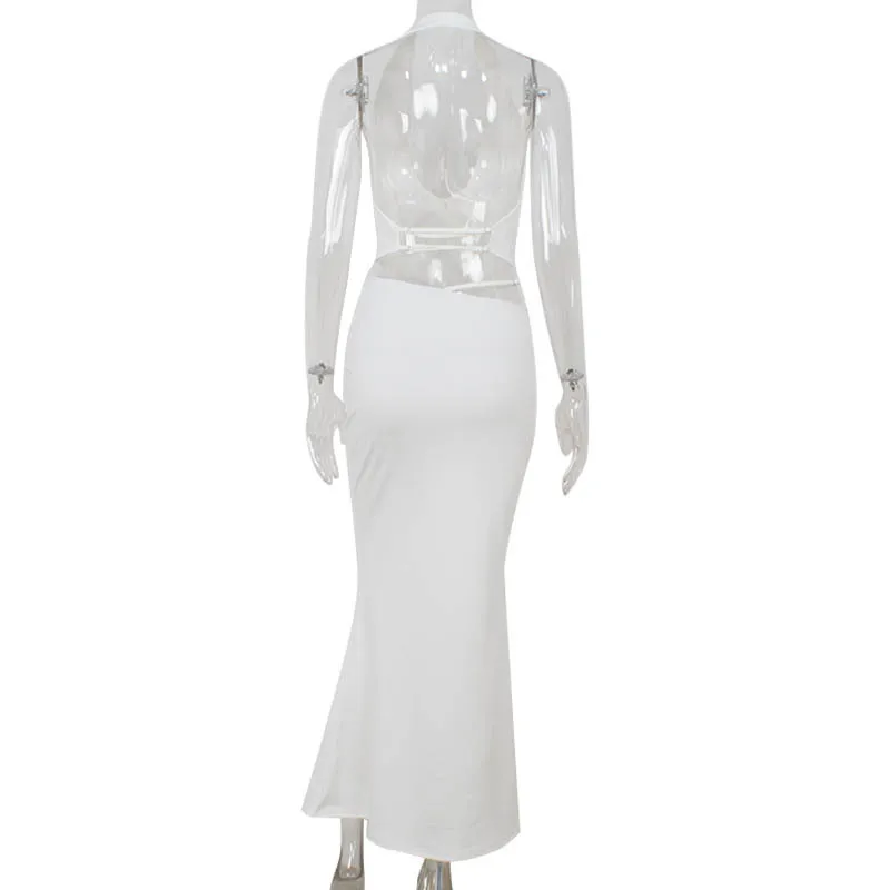 Damenmode Neues Neckholder-Set, rückenfrei, tiefes Oberteil, figurbetont, langer Rock, elegantes Set im Socialite-Stil