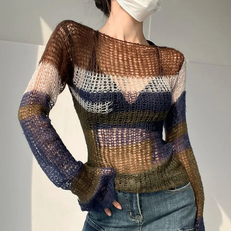 2024 Early Autumn New Sweaters Mujer Vintsge Street Sexy Striped Knitted Pullover Y2k Hollow Out Long Sleeve Tops Women