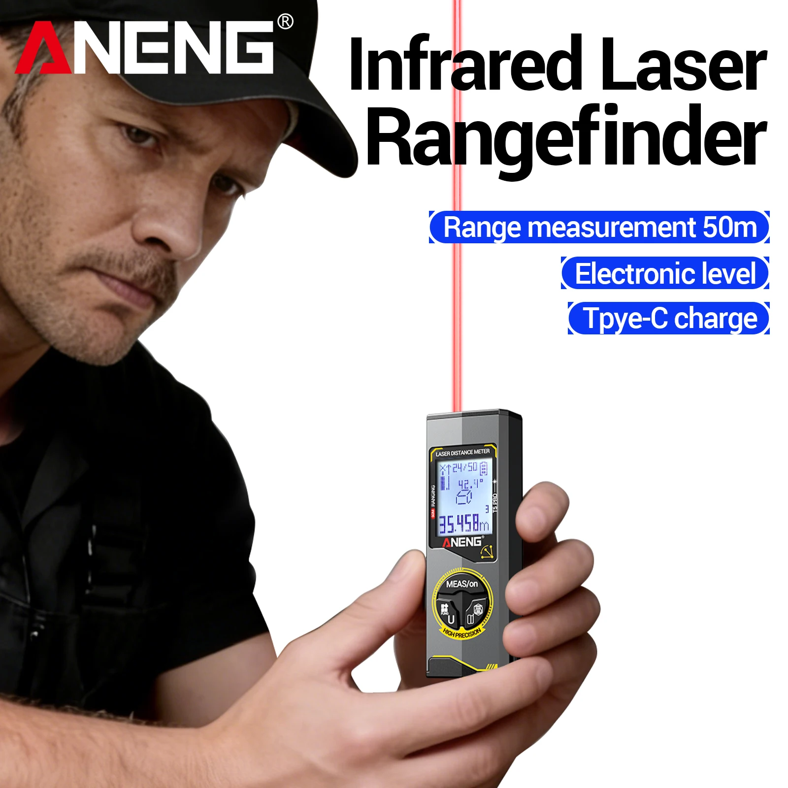 ANENG T5 T5 PRO Laser Distance Meter 0.05-50M Digital Rangefinder Pythagorean Calculation 50 Groups Data Storage Measuring Tool