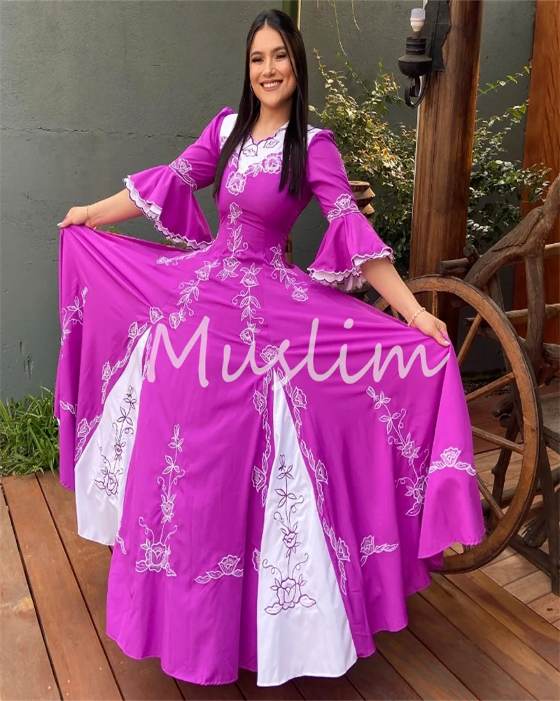 Carnival Women's Hot Pink Evening Dress V Neck Flamenco Spanish Prom Dress Elegant Arabian Turkish Formal Dance Dress Customized