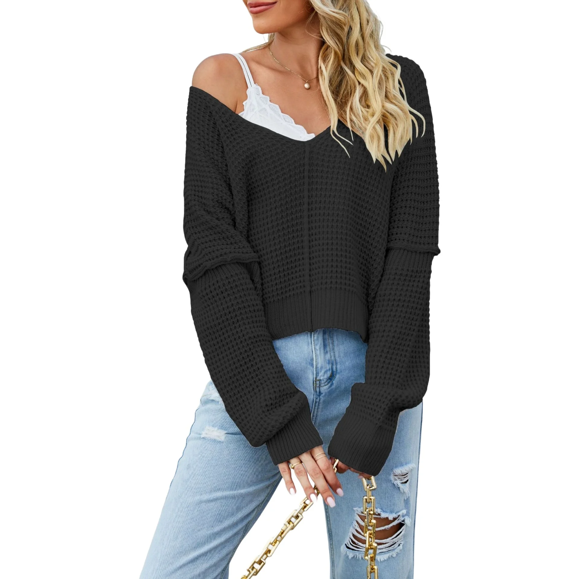 For Summer Vacation Solid Color Summer Blouse Waffle Knit T-shirt XL Fashionable V-neck T-shirt Fashion Style Design