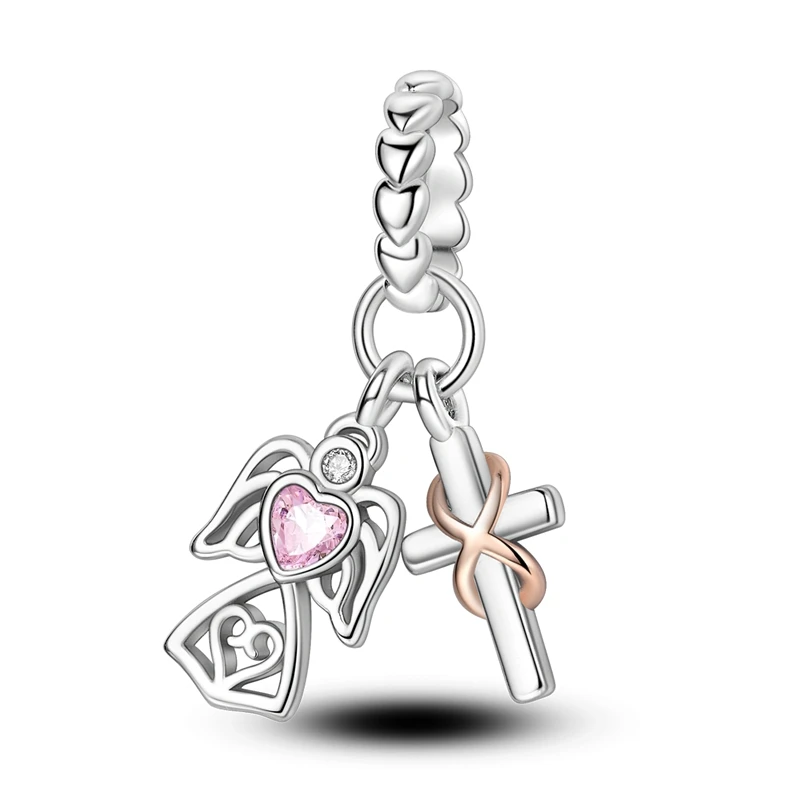 New 925 Sterling Silver Wing Cross Charms Beads CZ Zircon Dangle Fit Original Bracelet DIY Women Birthday Party Jewelry