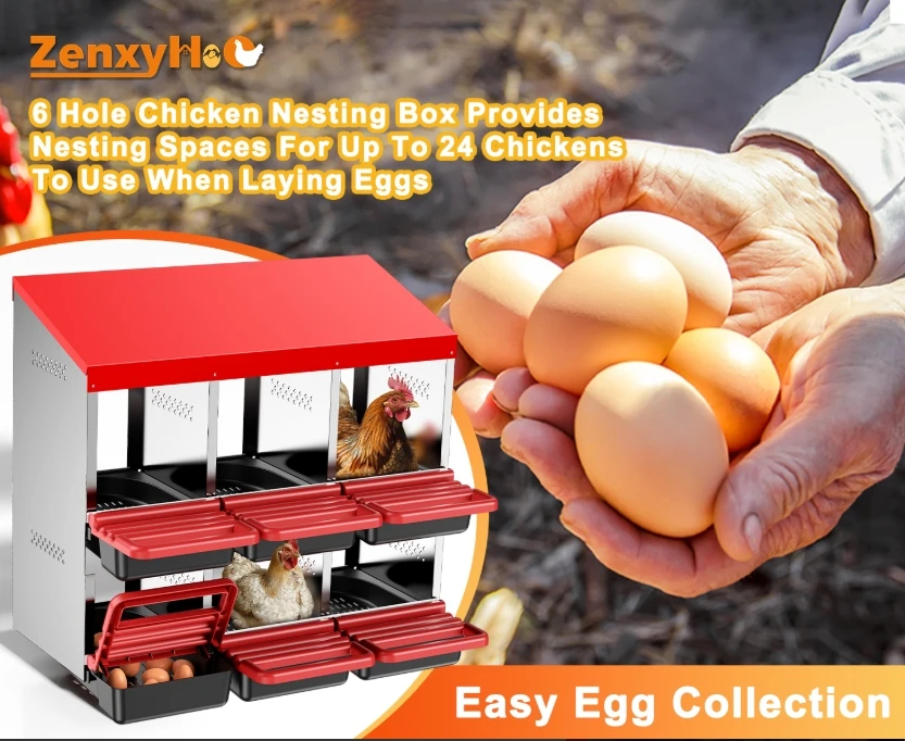 US Two-Tier Chicken Nesting Box,6 Hole Metal Chicken Egg Laying Box with Swing Perch and Rollout Egg Collection for Chicken Coop