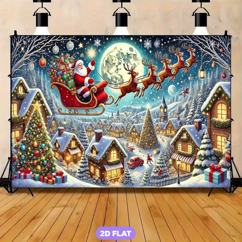 2D plan depicting Santa Claus riding a sleigh in a snowy village, featuring Rudolph and reindeer