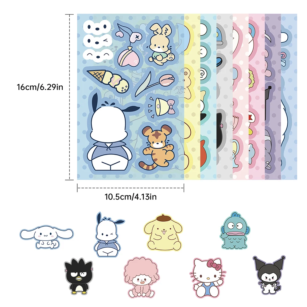 8/16 arkuszy Sanrio Puzzle naklejki zrób twarz dzieci montaż układanki śliczne Kuromi Hello Kitty naklejki prezent urodzinowy dla dzieci