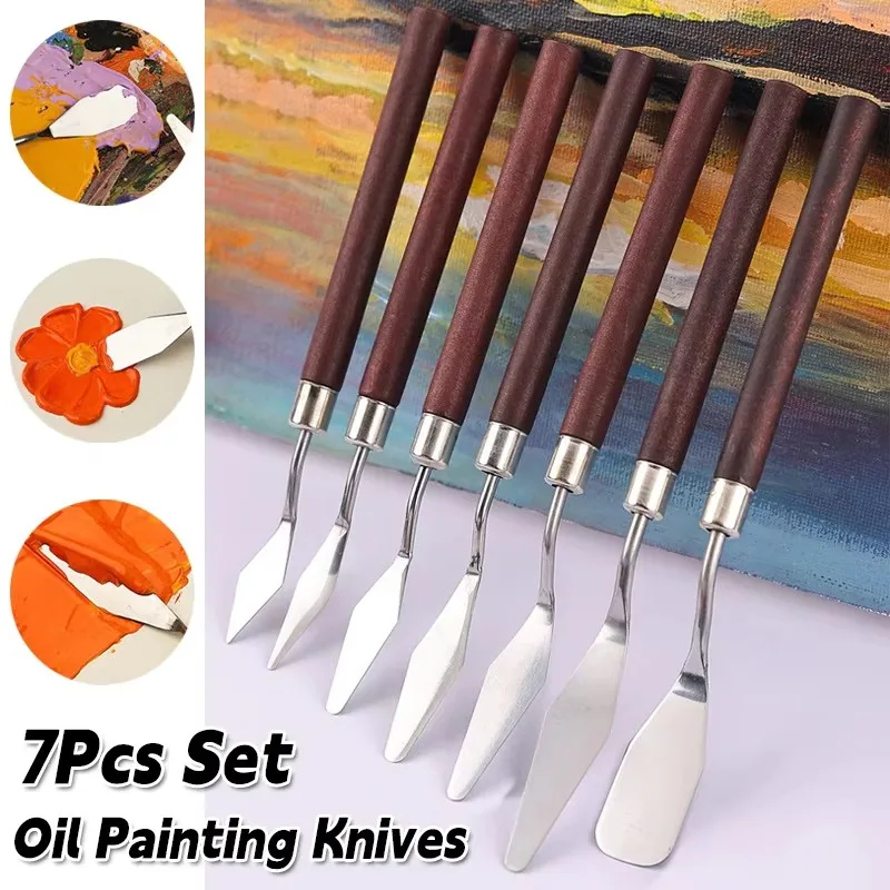 7PCS Professional Painting Scraper Set Wood Handle Stainless Steel Gouache Acrylic Paint Mixing Knives Art Tools for Watercolor