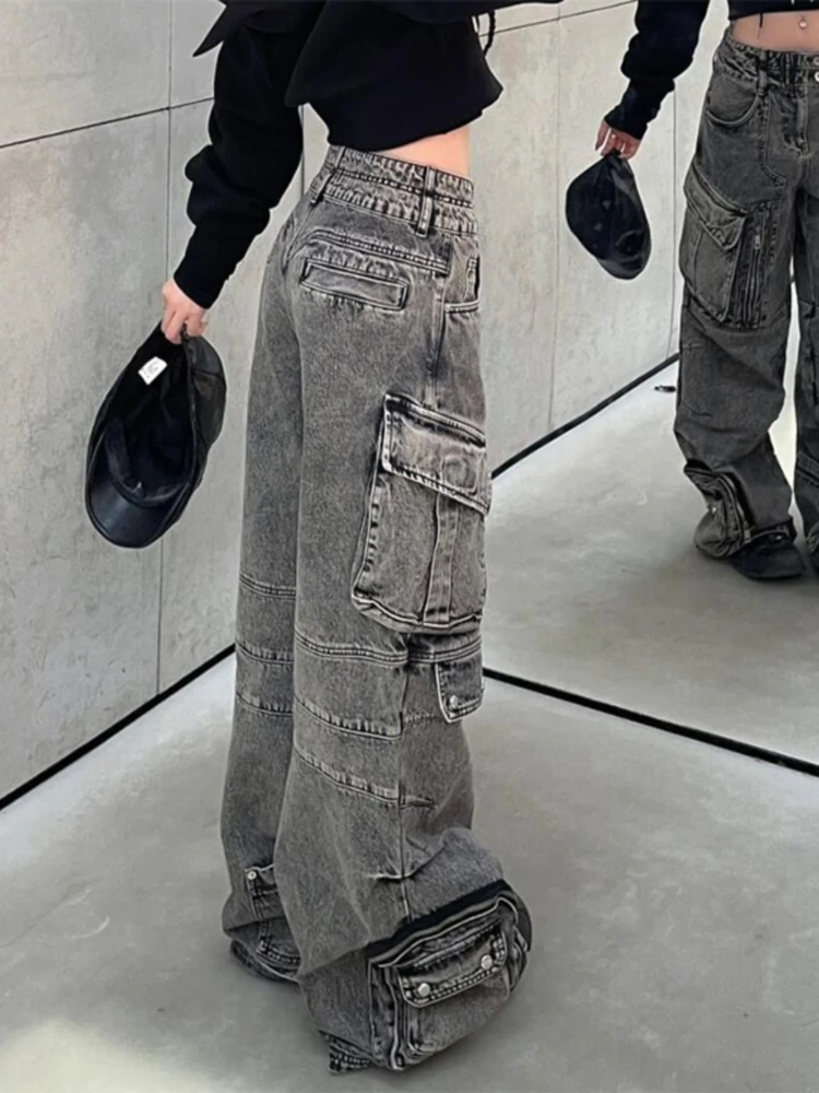 

High Street Jeans Women Loose Multi Pockets Designed Vintage Couples Streetwear American Wide Leg Trouser