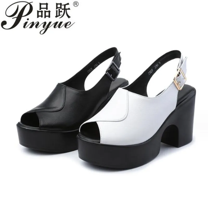 8.5cm Bestselling Top Soft Cowhide Fish Mouth Sandals Summer Women Sandals Soft Sole Comfort Shoes Trendy Work shoes size 34 41