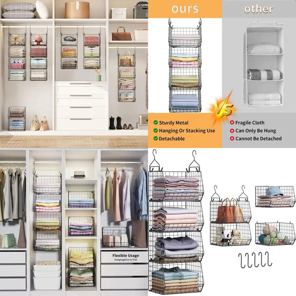 

4-уровневый подвесной органайзер для шкафа, органайзеры и системы хранения для шкафа с 5 S-образными крючками, подвесные полки для шкафа и отдельно стоящая проволочная система хранения