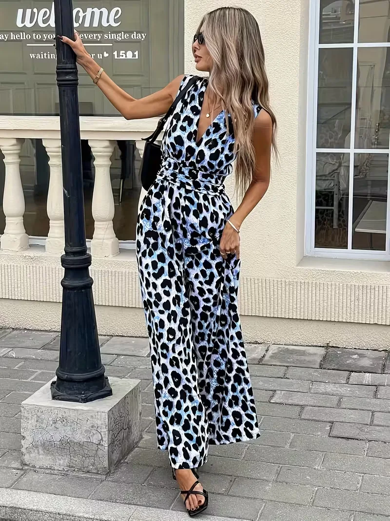 2026 Summer Elegant Commuting Women's Jumpsuit Street Fashionable Leopard Print V-neck Sleeveless High Waisted Wide Leg Jumpsuit