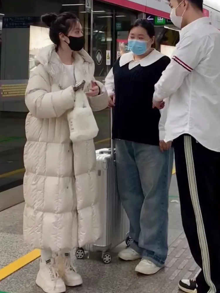 Faionable White Du down Jaet Women's Thiened Warm Button Long Bread Sle Coat Casual Loose Fit Winter New Arrival