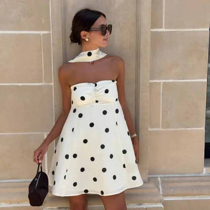 

Elegant Strapless Polka Print Short Dress European American Style Fashion Versatile Loose Fit with Scarf