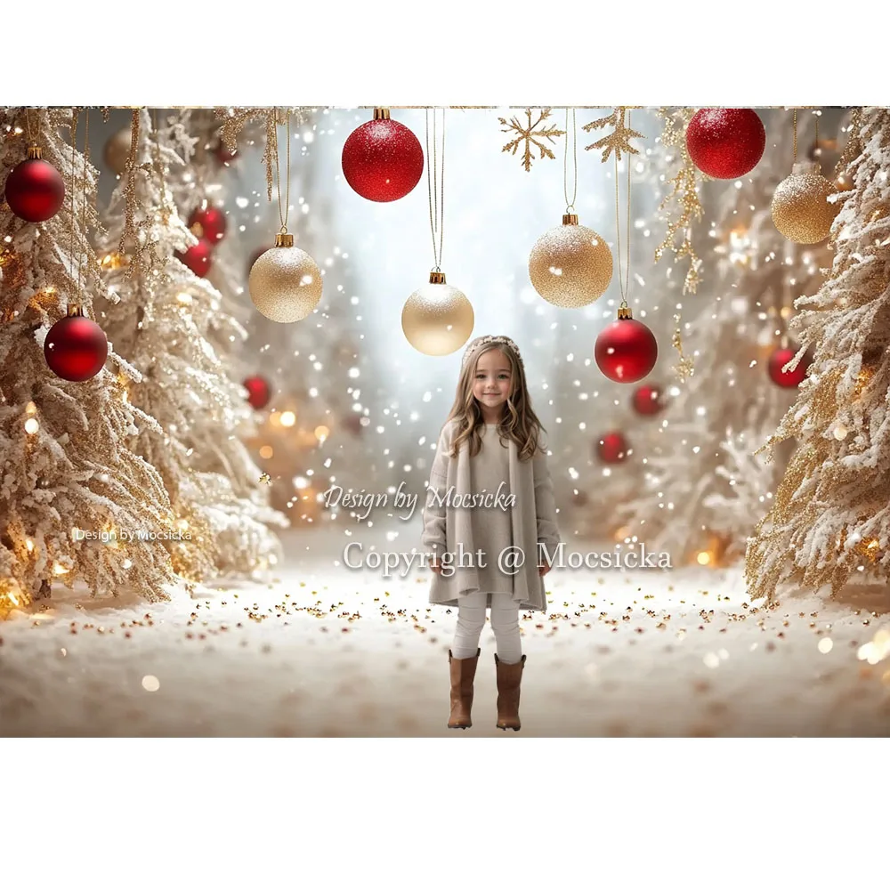 Mocsicka Christmas Wonderland Forest Background Photography Gold Red Xmas Balls Snowflake Backdrop Winter Kids Birthday Photo