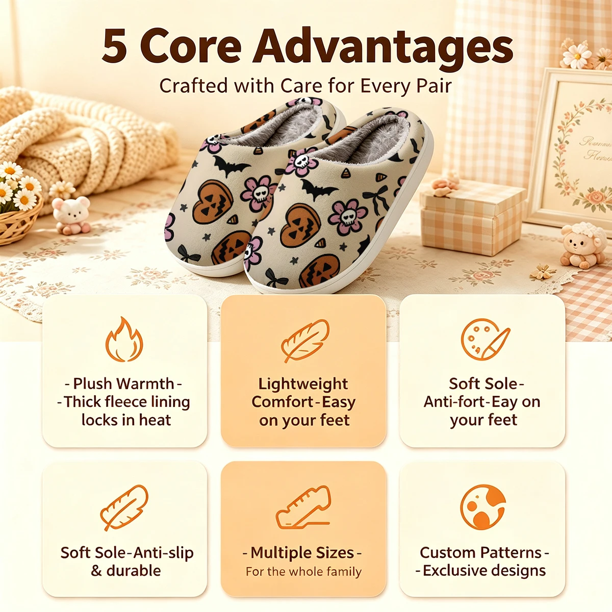Halloween Hearts Christmas White Slippers Warm Plush Indoor Shoes Non-Slip Winter Slippers Family Holiday Gifts Soft view 4