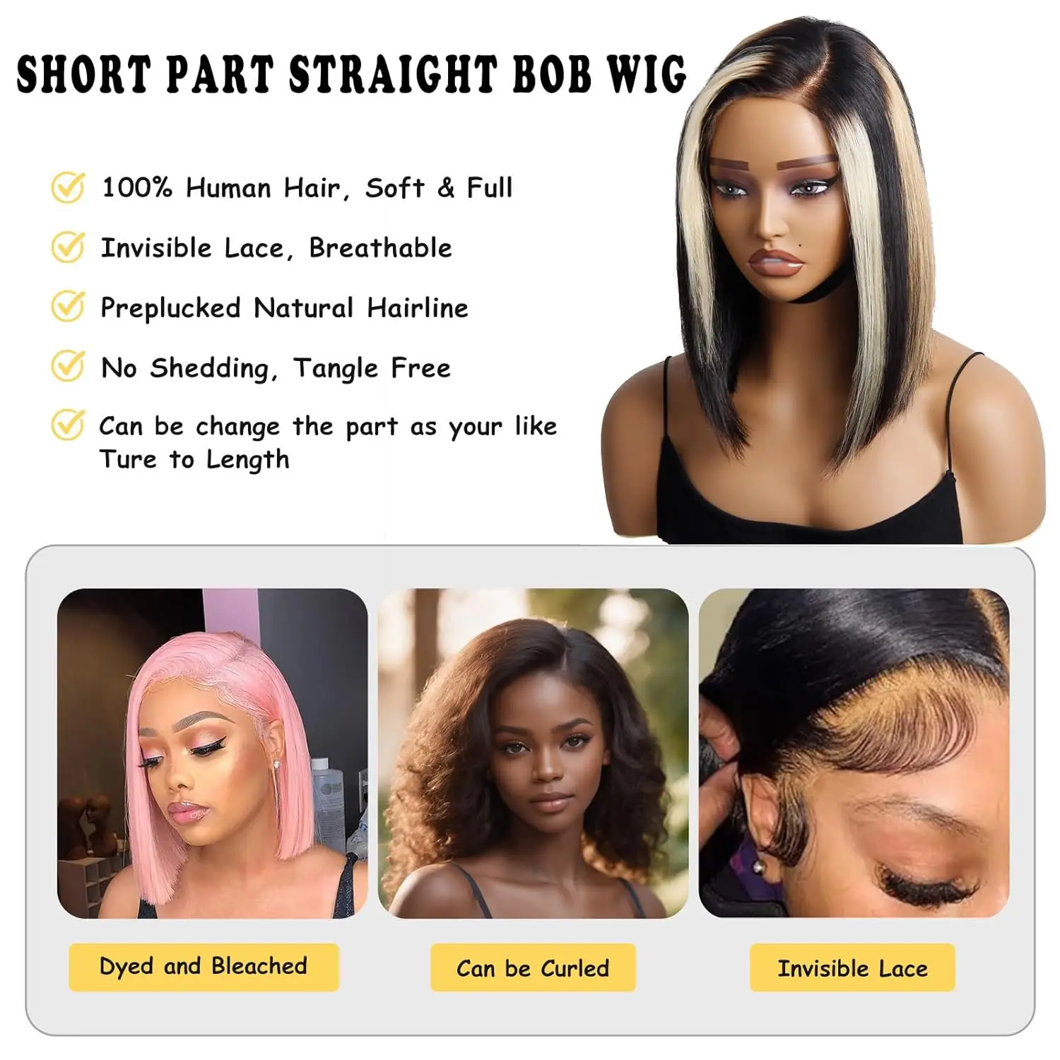 Highlight Ombre Straight Short Bob Human Hair Wig Brazilian 13x5x1 HD Lace Wig For Women PrePlucked 12Inch Side Part Colored Wig