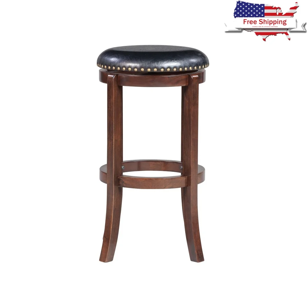 

Backless Swivel Wood Bar Stool with Faux Leather Cushion 360 Degree Rotation Stable Design Home Kitchen Bar Dining Furniture