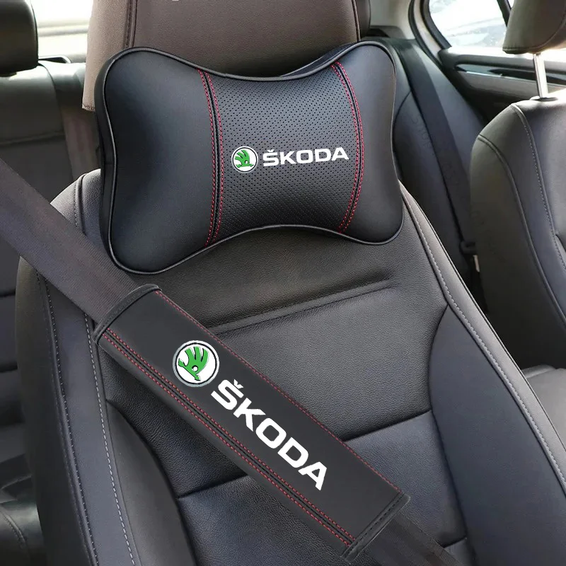 

Leather Car Headrest Neck Pillow Seat Belt Shoulder Pad For Skoda Octavia Superb Rapid Kodiaq Karoq Fabia Kamiq Roomster Citigo