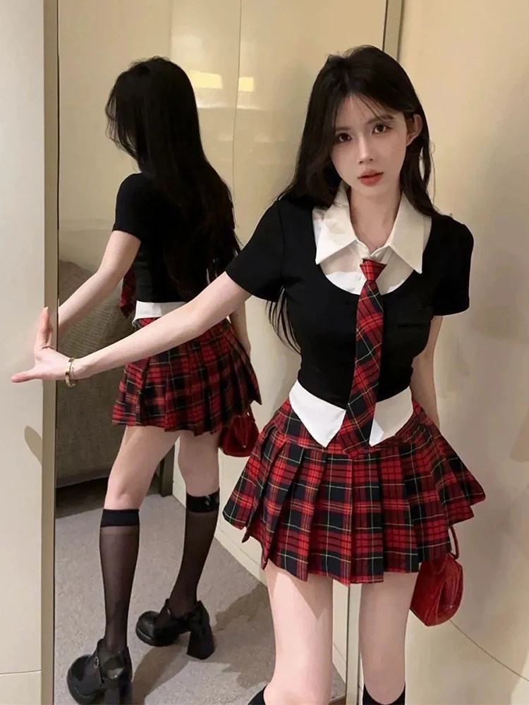 Preppy Style Kawaii Sailor 2-teiliges Set Damen Japanisch Slim mit Krawatte Weiße Hemden Sommer JK Plaid Patchwork Lady A-Linie Röcke