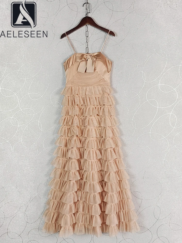 

AELESEEN Fashion Designer Summer Dress Women's Spaghetti Strap Bow Edible Tree Fungus Ruffles Patchwork Elegant Long Party