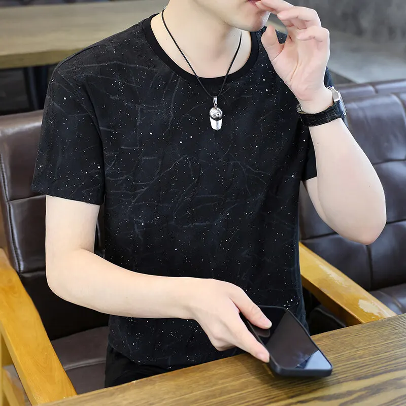 

Trendy Sequin ort Sve round Ne Loose Fit Men's T-irt Breathable Summer Casual Youthful Sle Polyester Fiber