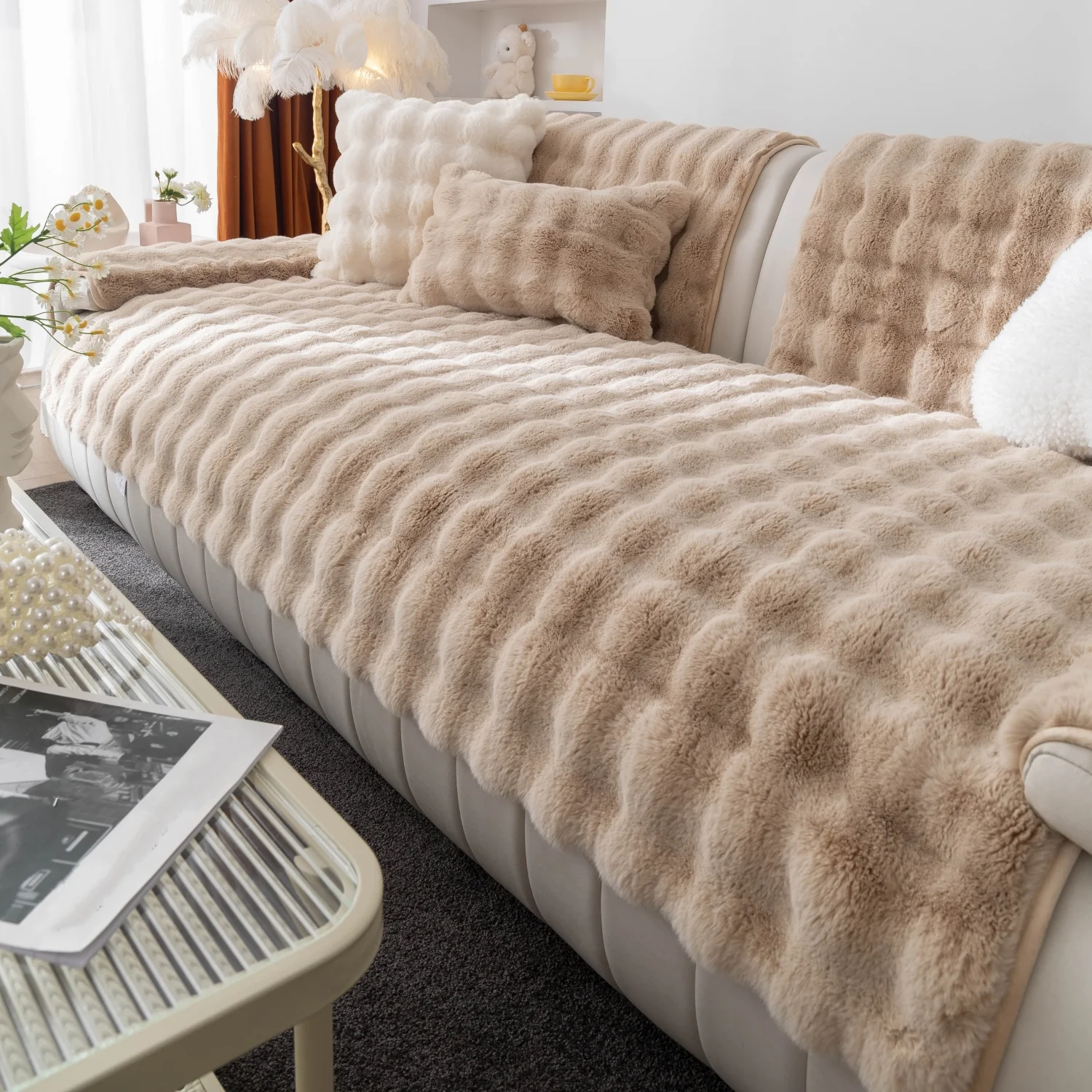 Verdicken Nachahmung Kaninchen Fell Plüsch Sofa Schonbezug Nicht-slip Weiche Sofa Handtuch Couch Kissen Für Wohnzimmer Moderne Wohnkultur – Detail 8
