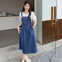 2025 Fashion Women Denim Suspender Skirt Spring Summer Causal Strap Female High Waist A-line Solid Lace-up Woman Skirts 2