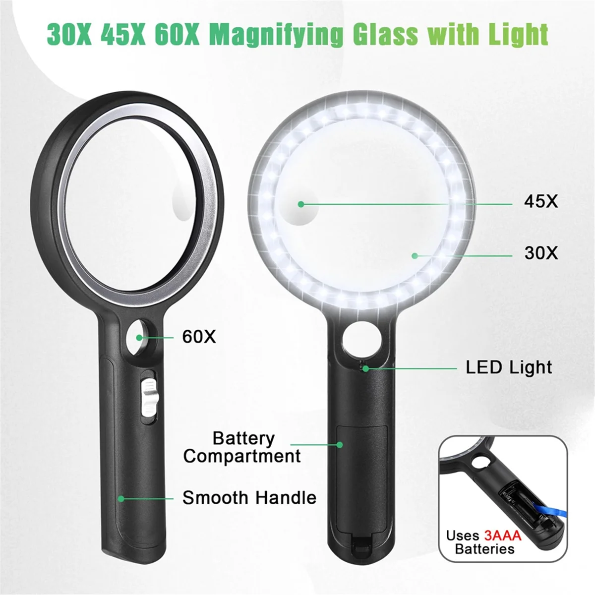 Handheld Magnifying Glass with Light for Reading, 60X 45X 30X Large Lighted Magnifying Glass 30 LED Reading Magnifiers ZJY