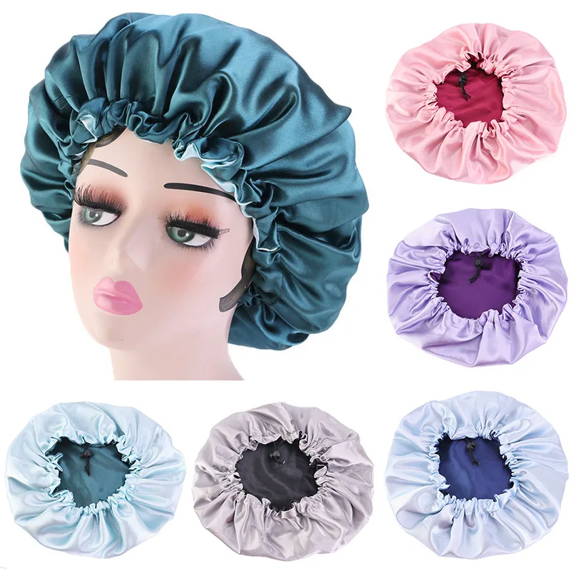 

Reversible Satin Bonnet Hair Caps Double Layer Adjust Sleep Night Cap Head Cover Hat For Curly Springy Hair Styling Accessories