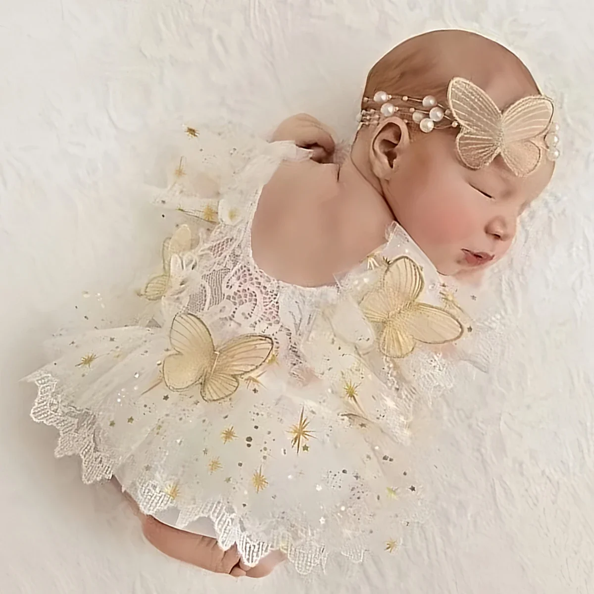 Baby Girl Outfit  Newborn Photography Princess Tutu Butterfly Glitter Star Lace Romper with Pearl Headband Infant Photo Props