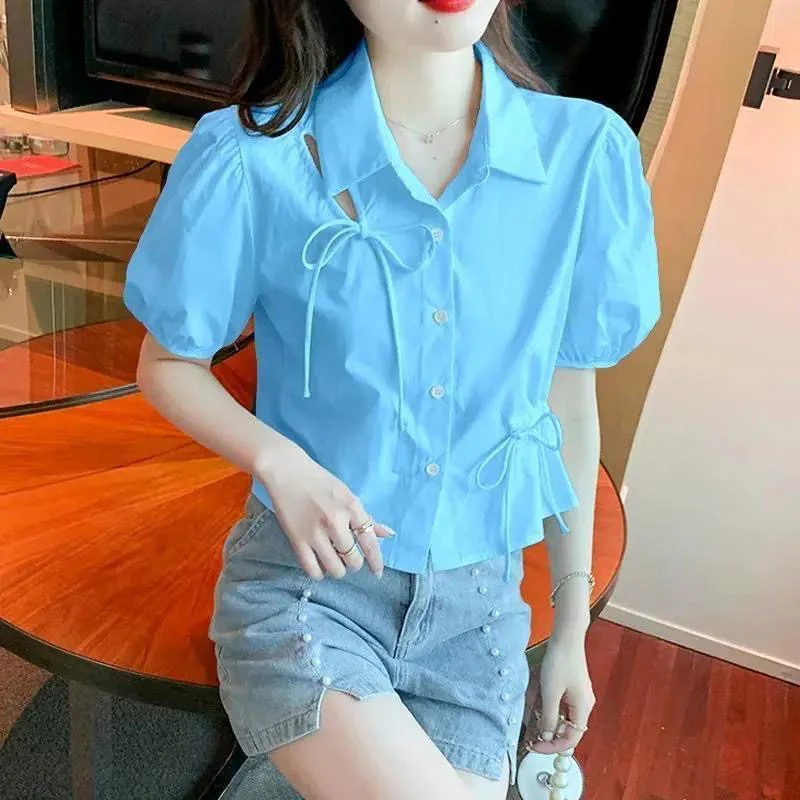 

Women's Collar Bubble Sleeve Shirt Hollow out Short Sleeve Design Summer New Style French Style Casual Wear for Young Women