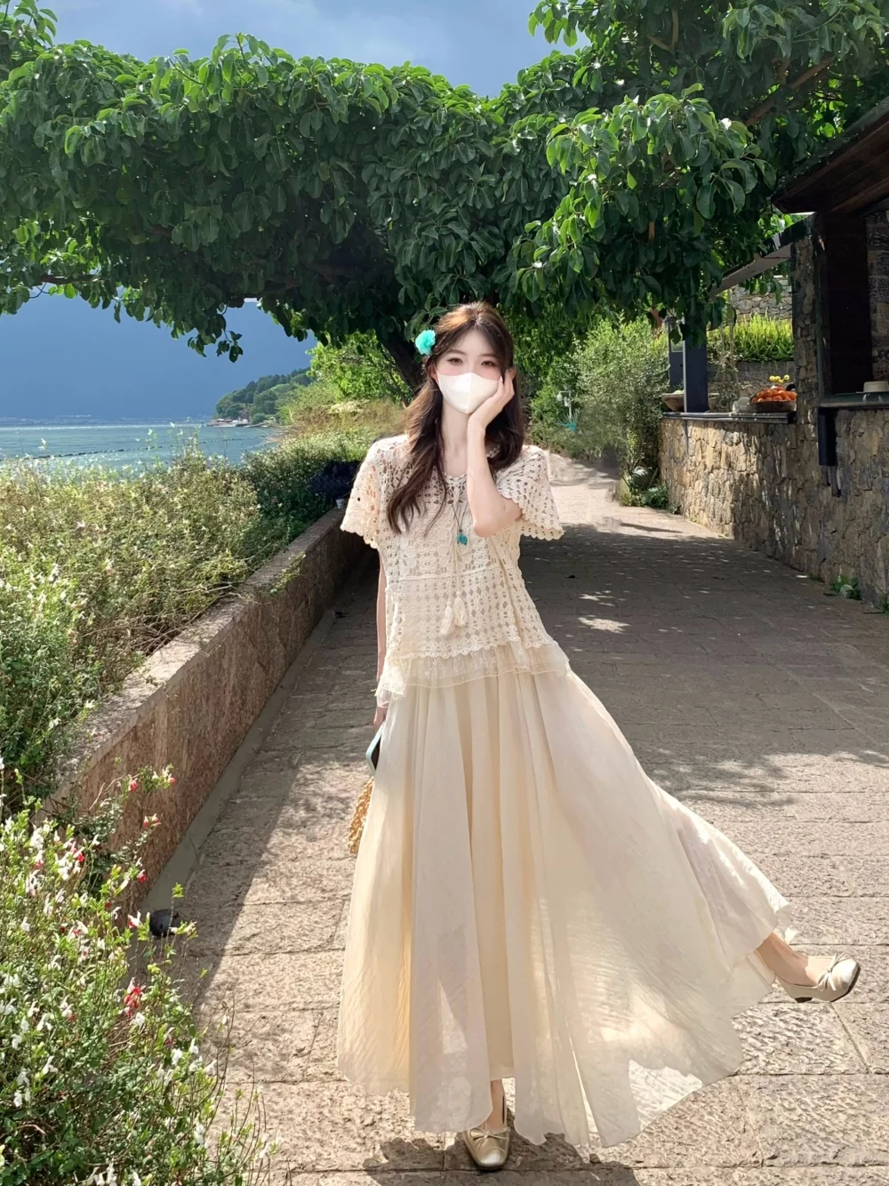 

Vacation Style High Waist Hollow out Short Sleeve Women's Top And Long Skirt Two Piece Set Summer Fashion Outfit for Adults