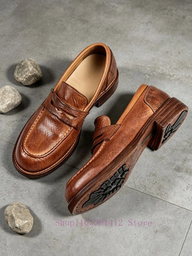 Handmade Men Vintage Washed Horsehide Loafers SlipOn Round Toe Retro Office Footwear Casual Business Dress Shoes