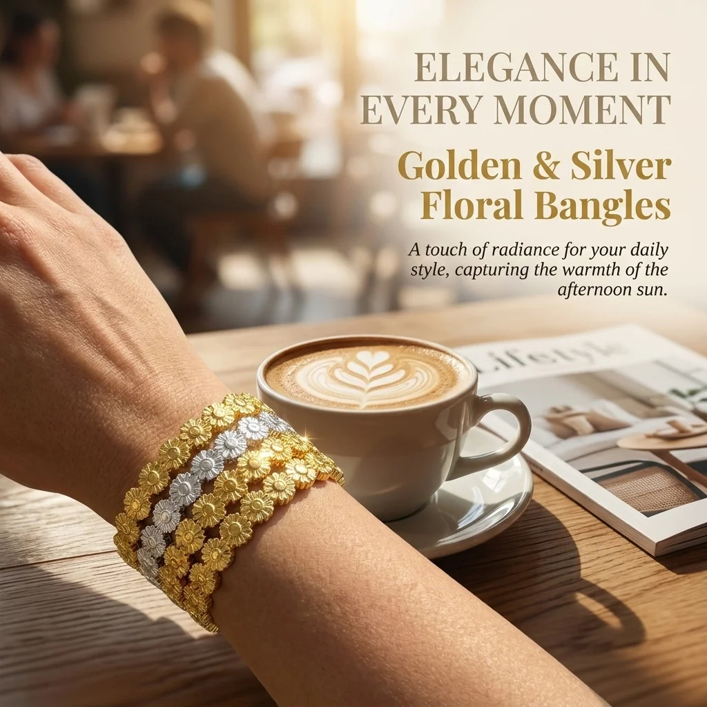 Gold Color Snap-on Bangle, Stainless Steel Flower Bracelet for Women, Fashion Jewelry Gift 60mm
