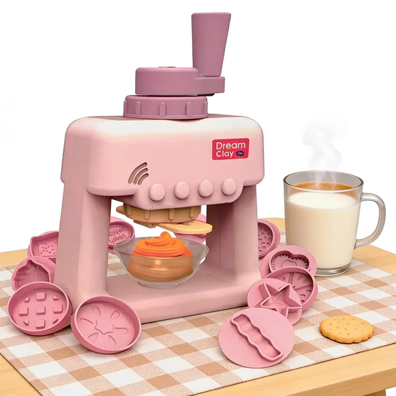 Pink Play Dough Ice Cream Machine 1Set, 12 Colors Clay & 9 Molds, Hand Crank DIY Kitchen Pretend Play Toy Girls Birthday Gift
