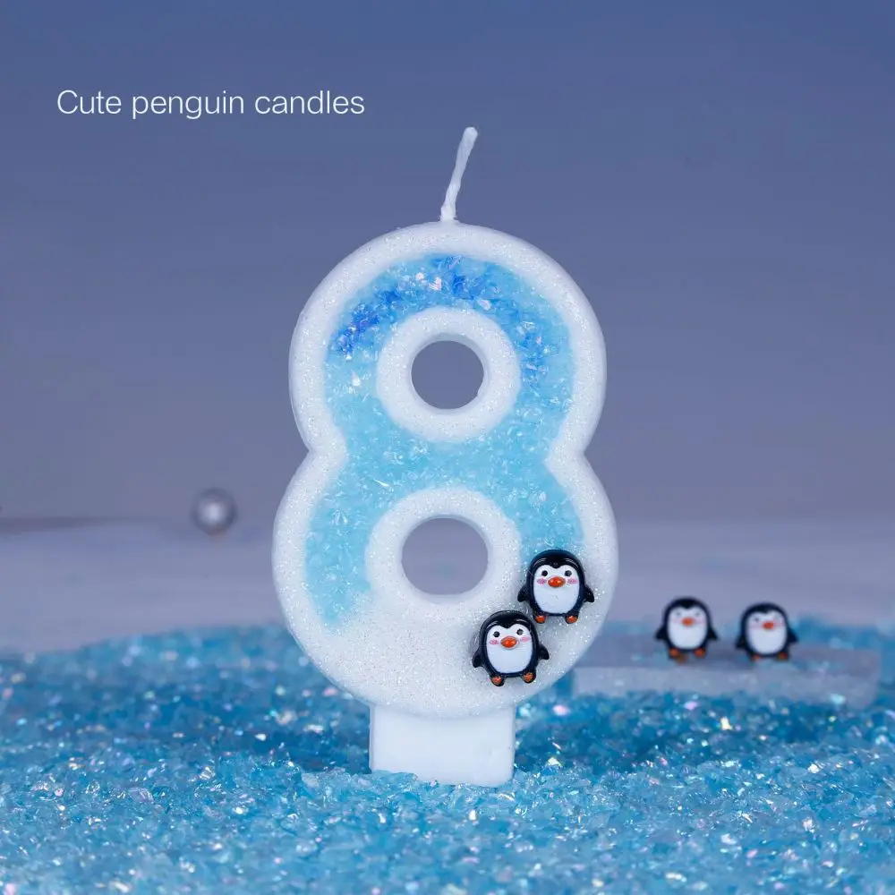 Blue Cake Decorative Digital Candles Cute Penguin Snowflakes Decors Birthday Party Supplies Kids Boy Toys Dessert Cupcake Candle