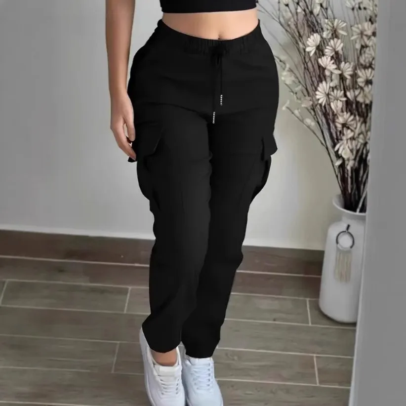Women's Casual Elastic Waist Patchwork Long Cargo Pants with Side Pocket Basic Female Clothing Women's Joggers Woman Clothes