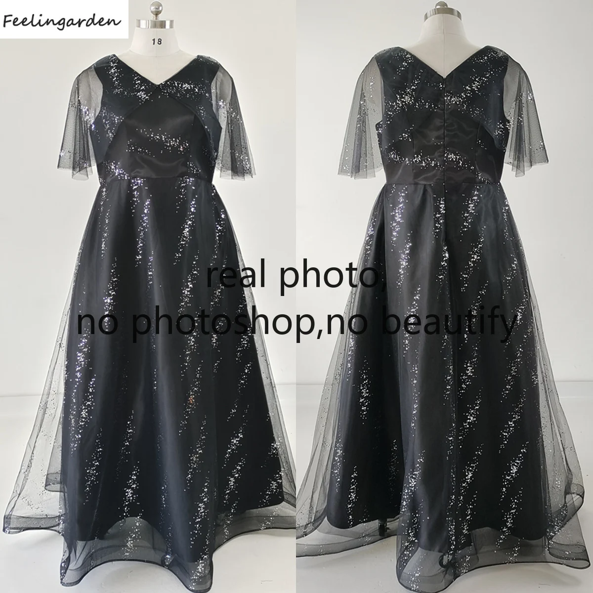 

Feelingarden Evening Dress Real Photo Plus size Black V-neck Short Sleeves Floor-Length A-Line Lace Up Women Formal Party Gowns